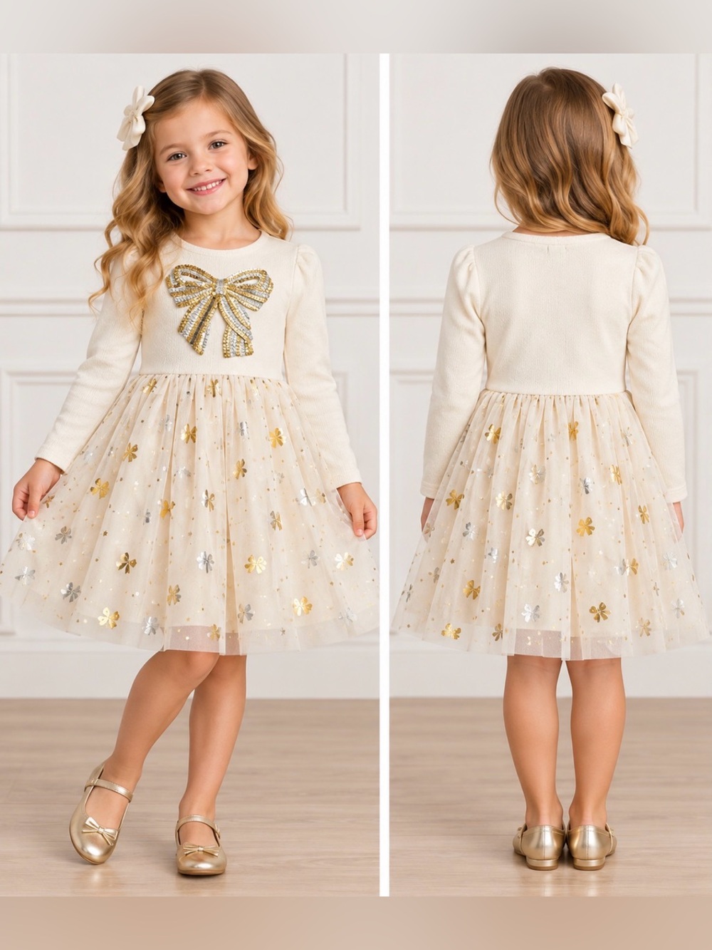 Zunie Girls Ivory Gold Sequin Bow Tulle Holiday Christmas Dress